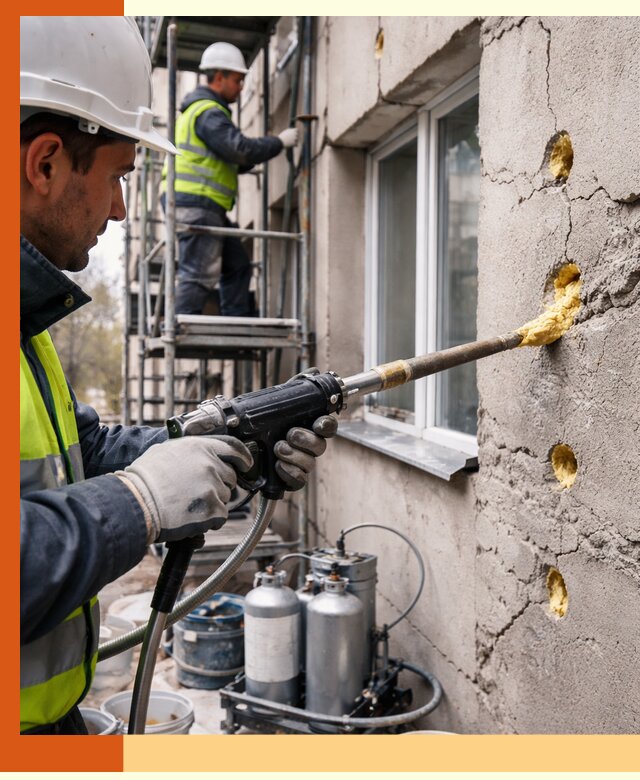 Заполнение пустот в фасаде и утепление стен в Рославле