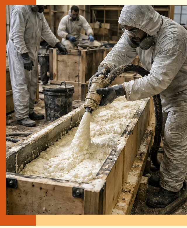 Заливка пенополиуретана в формы для утепления в Рославле